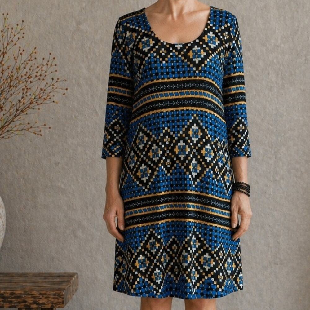 Plenty by Tracy Reese Blue Multi  Knit Shift  Dress Large Petite